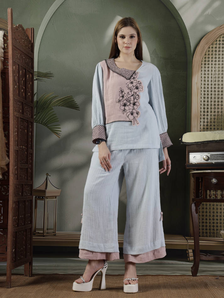 Powder Blue Hand Embroidered Coord Set