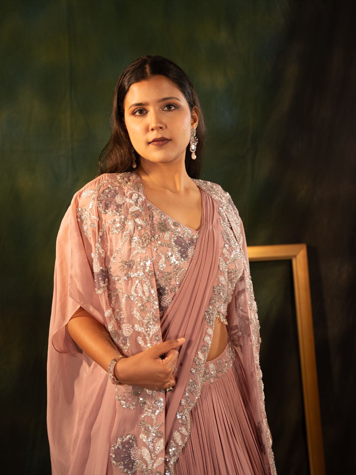 Mouse Embroidered Drape Saree Set