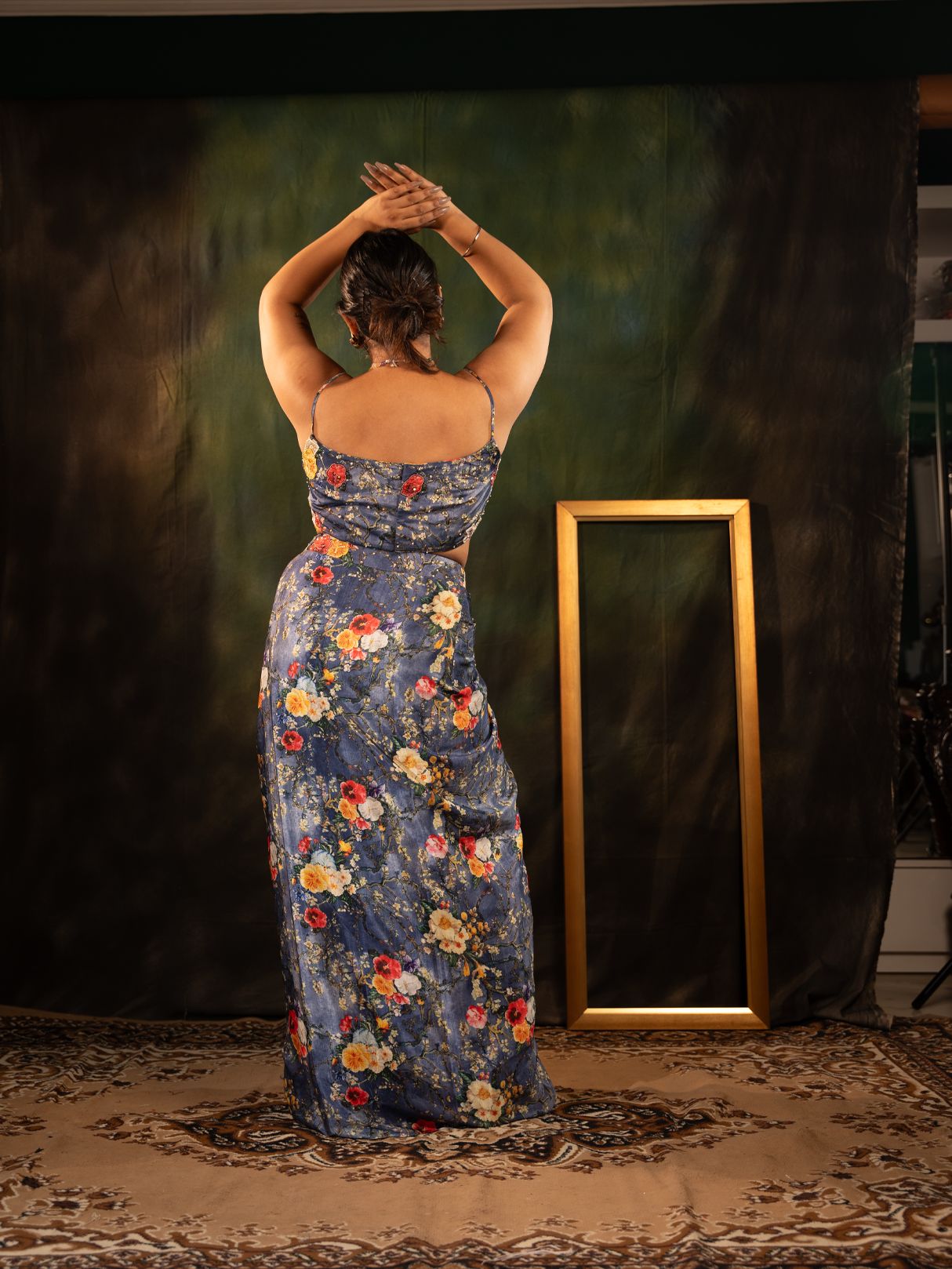 Deep Blue Floral Printed Dhoti Set