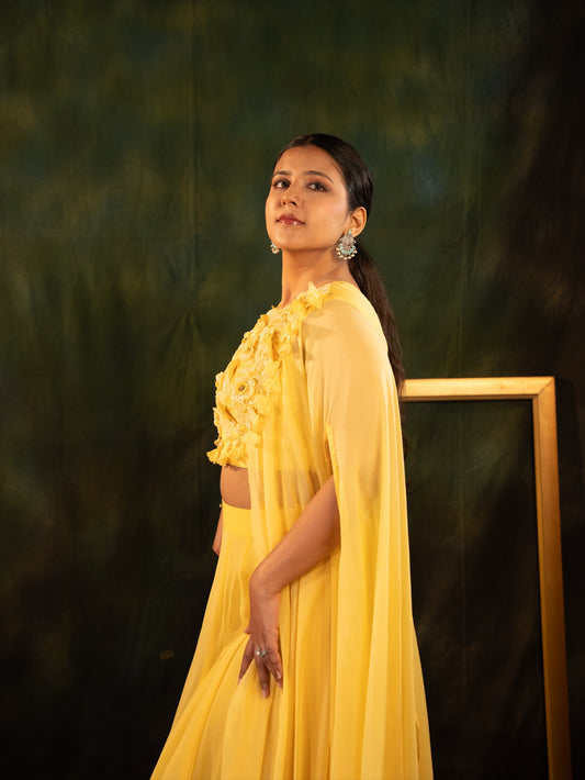 Yellow Floral Embroidered Cape Set
