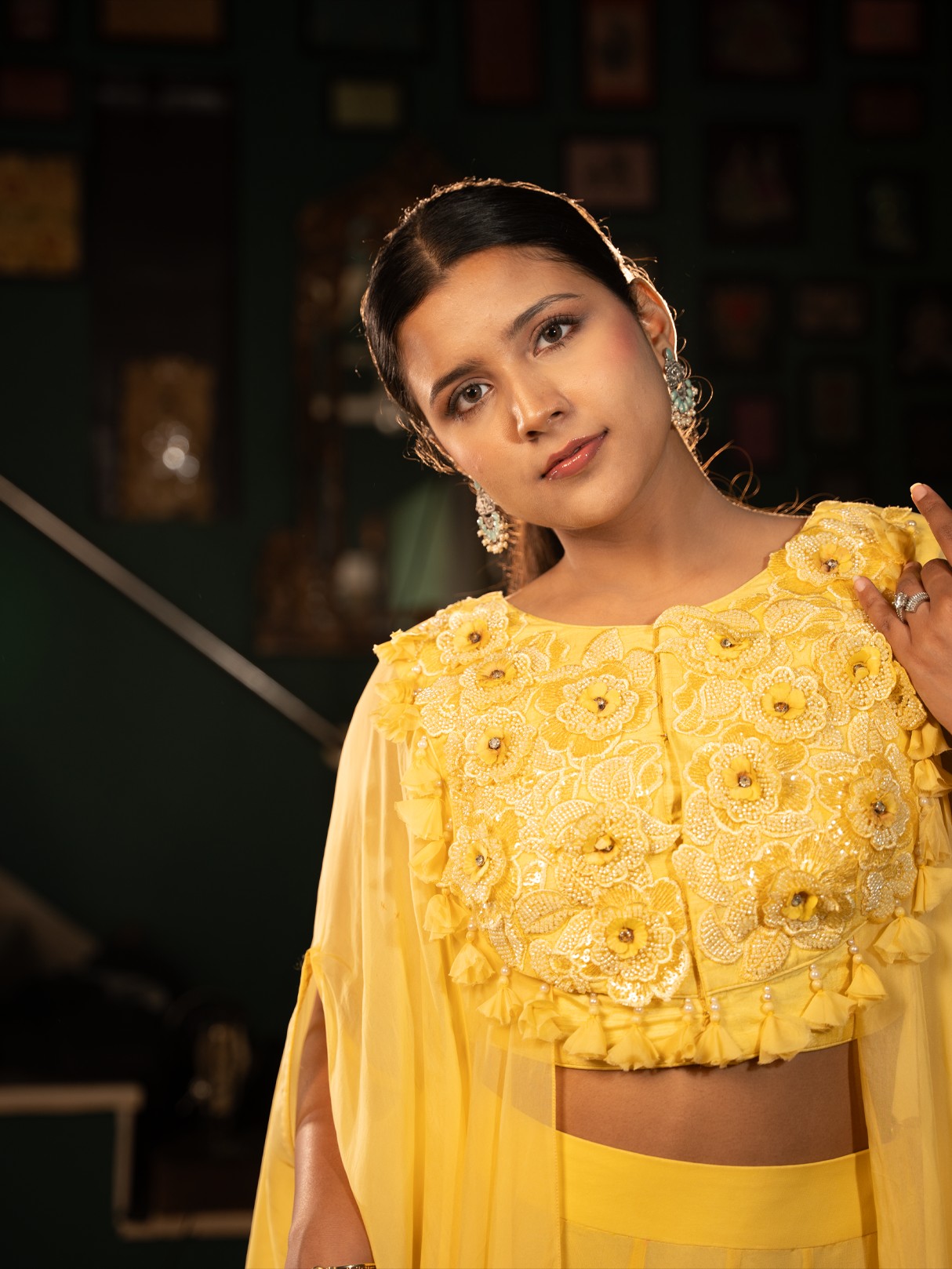 Yellow Floral Embroidered Cape Set