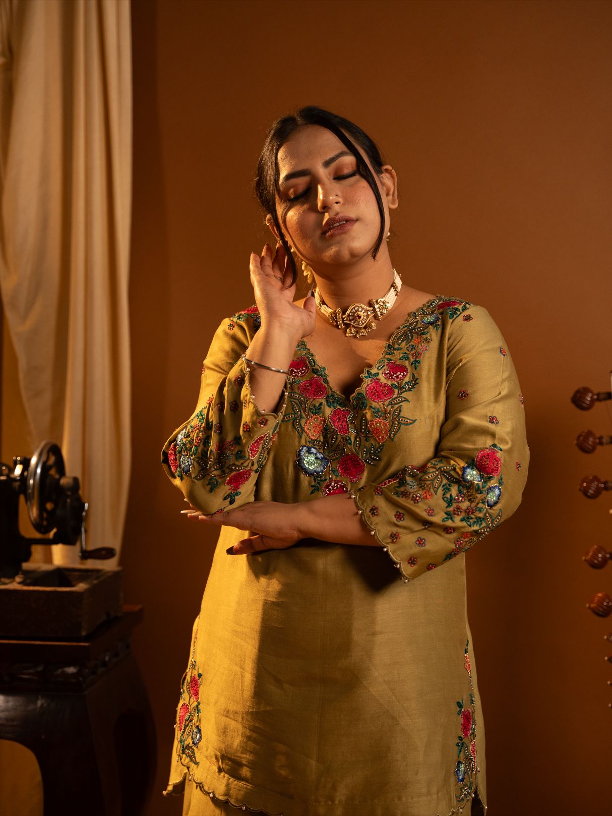 Olive Green Embroidered Kurta Set