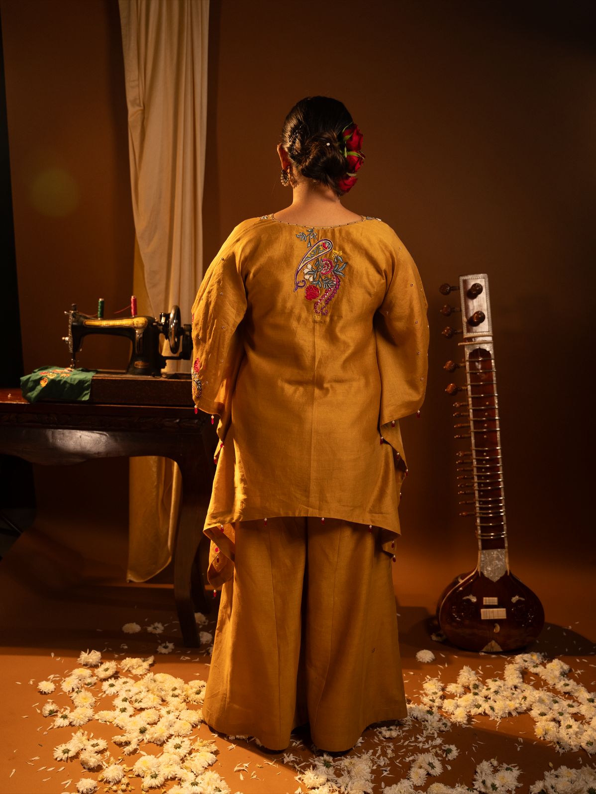 Mustard Embroidered Kaftan Set