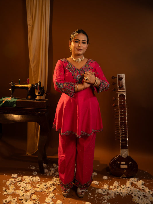 Fuchsia Pink Embroidered Peplum with Pant Set