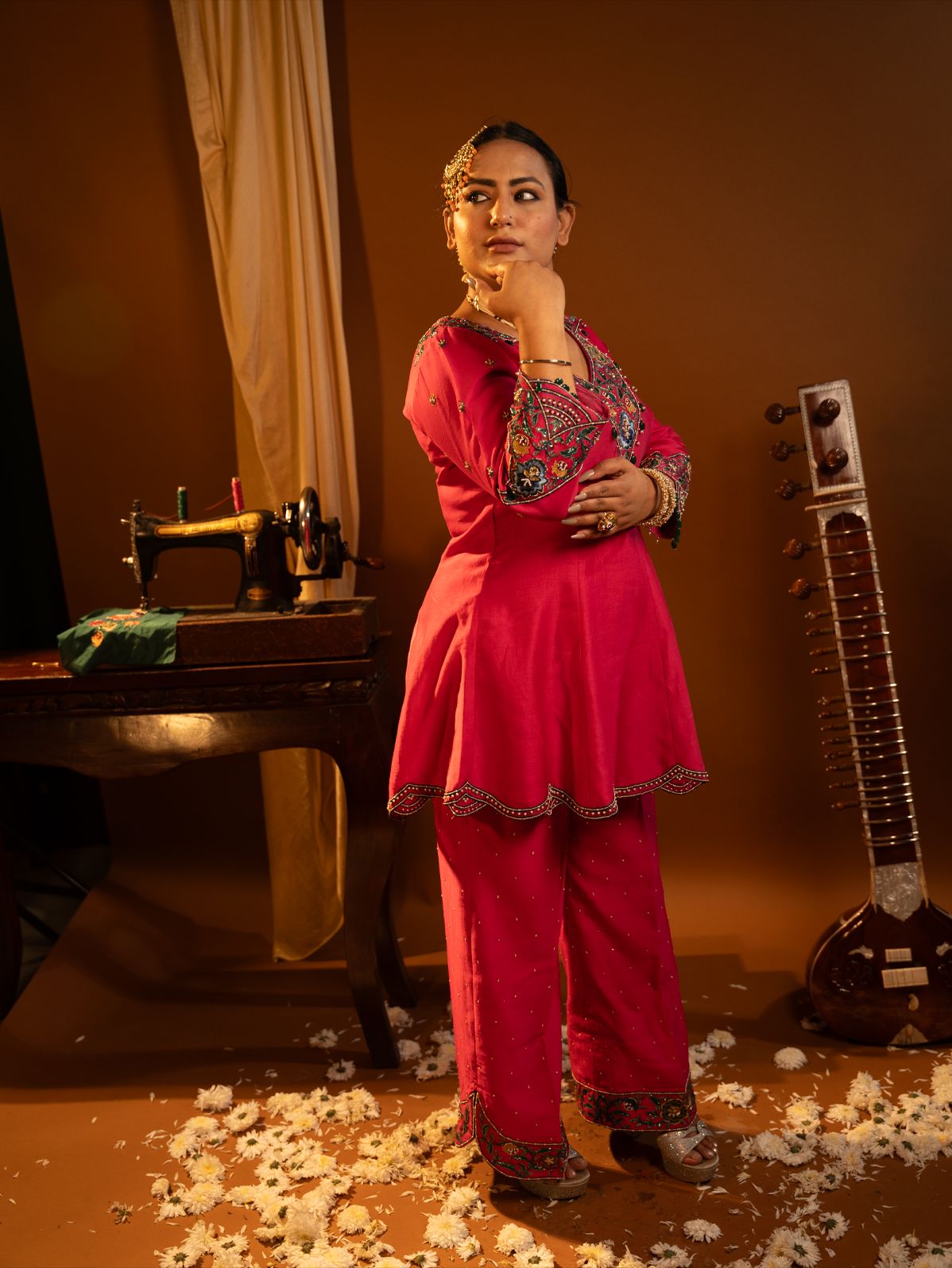 Fuchsia Pink Embroidered Peplum with Pant Set