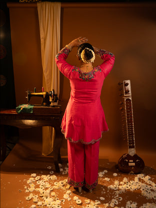 Fuchsia Pink Embroidered Peplum with Pant Set