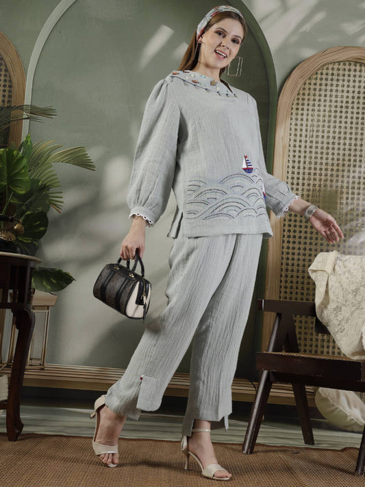 Soft Grey Hand Embroidered Coord Set