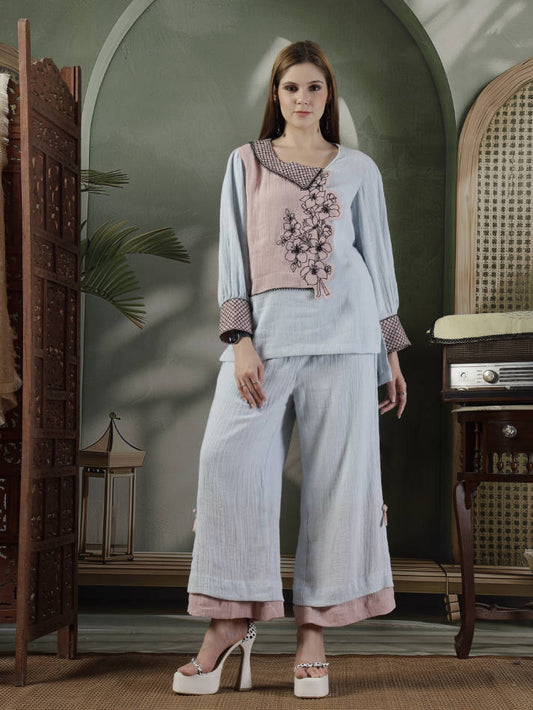 Powder Blue Hand Embroidered Coord Set