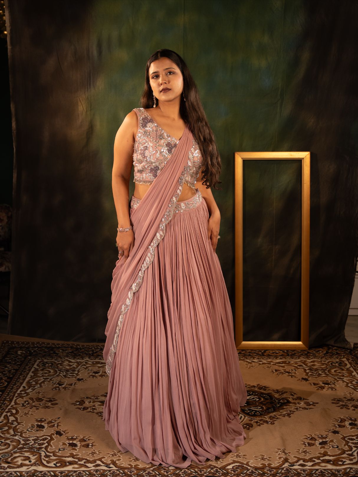Royal pink drape saree