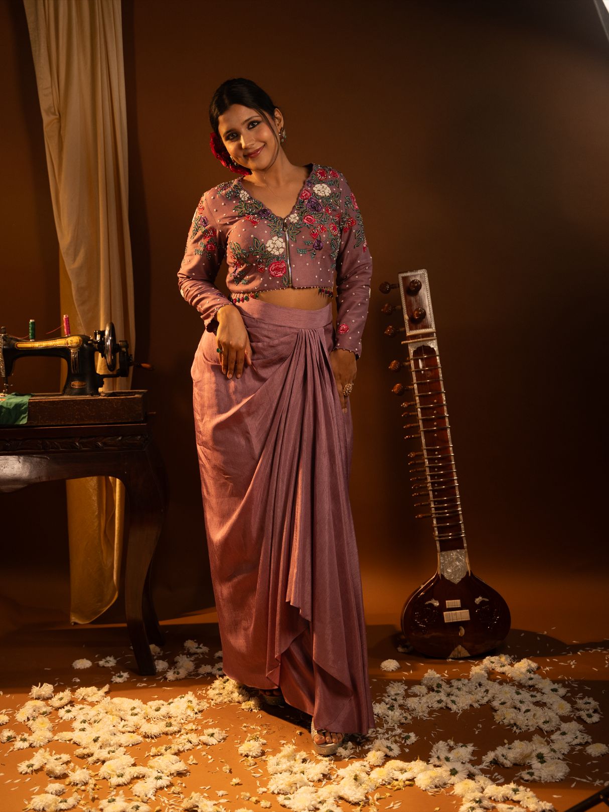 Dusty pink draped dhoti set
