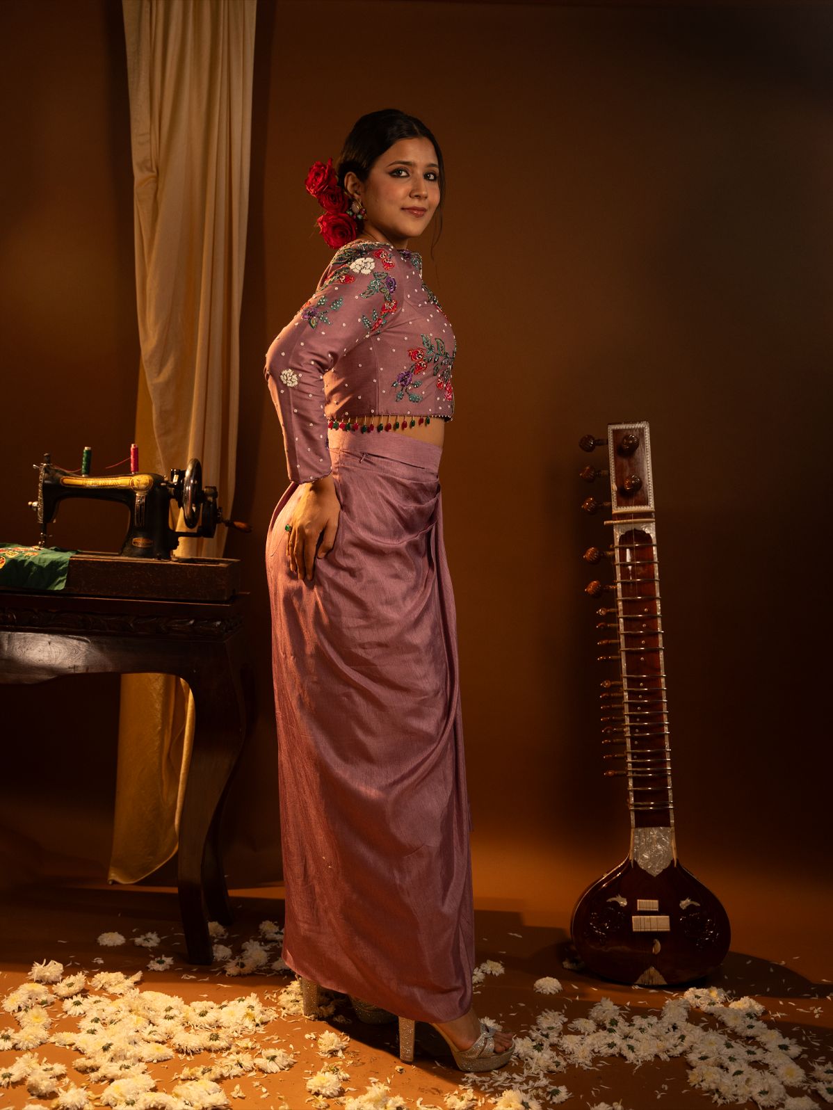 Dusty pink draped dhoti set