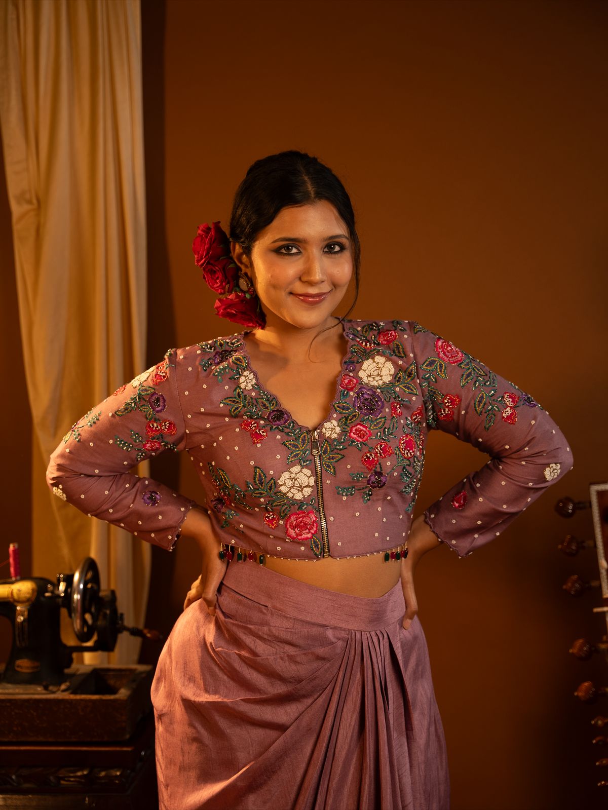 Dusty pink draped dhoti set