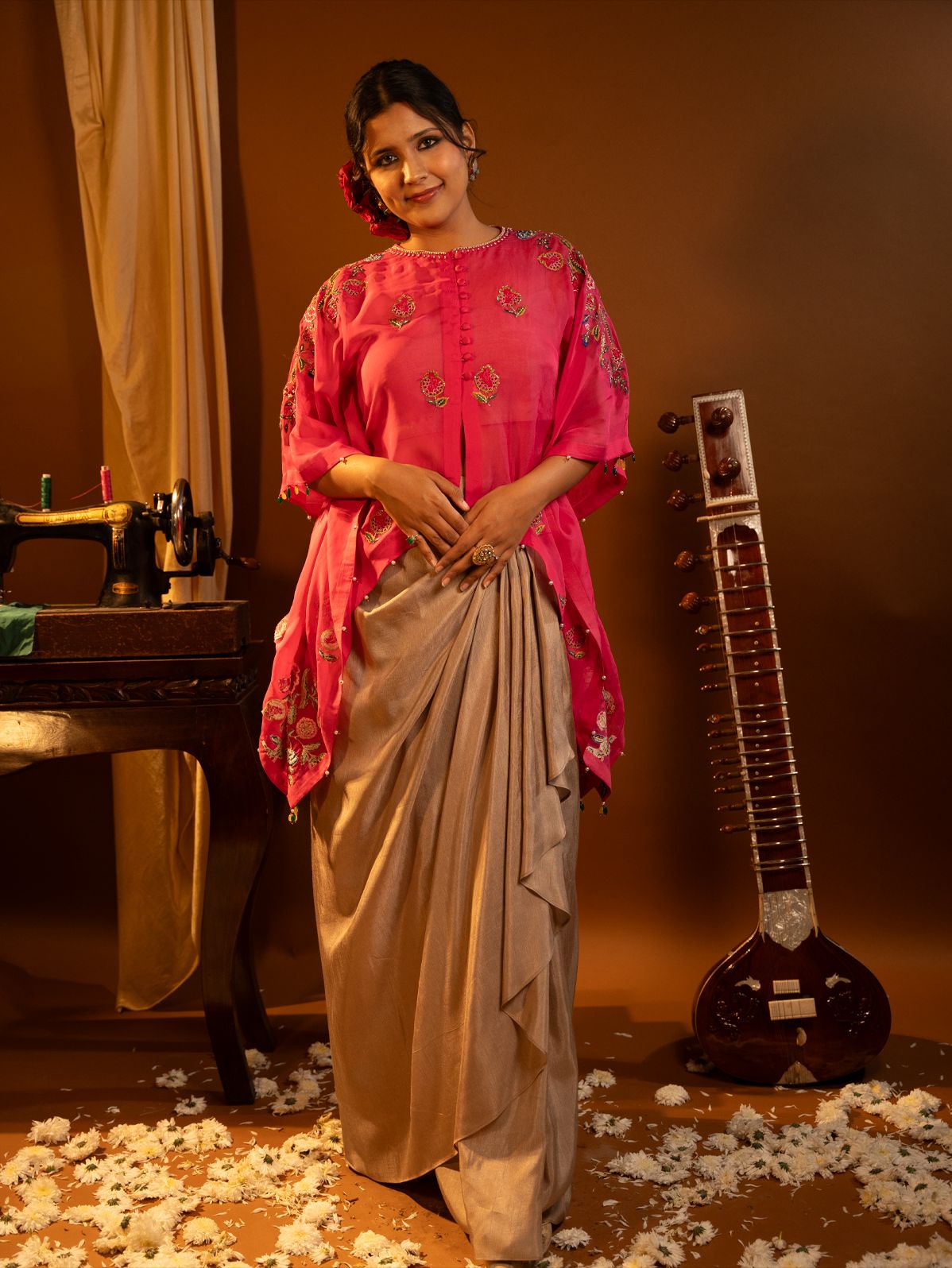 Fuchsia pink cape with drape dhoti set