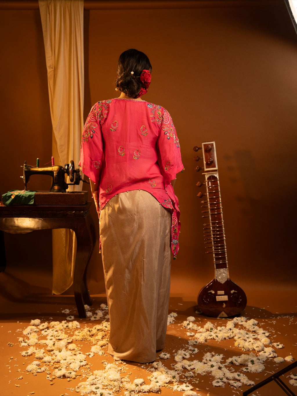 Fuchsia pink cape with drape dhoti set
