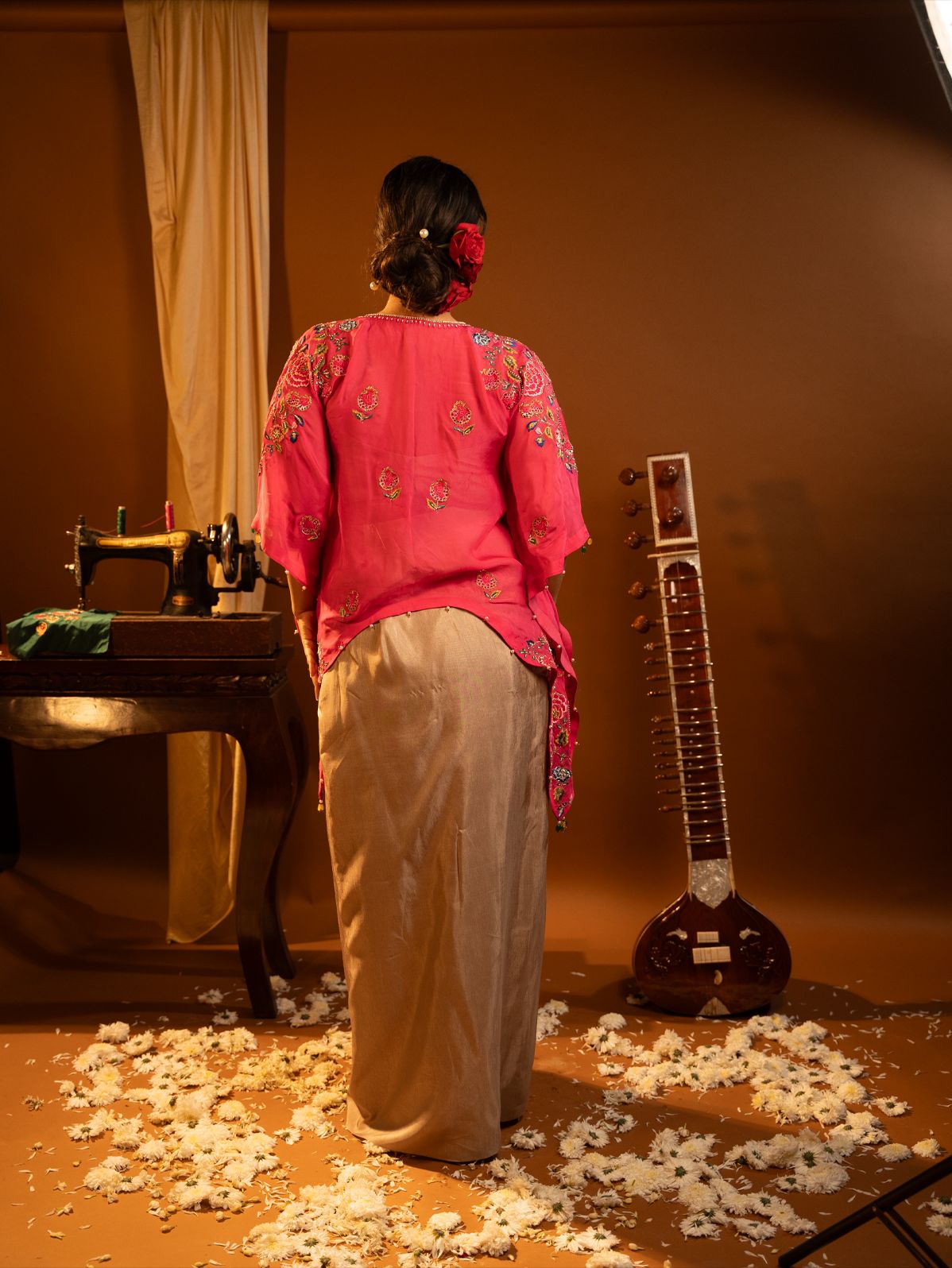 Fuchsia pink cape with drape dhoti set