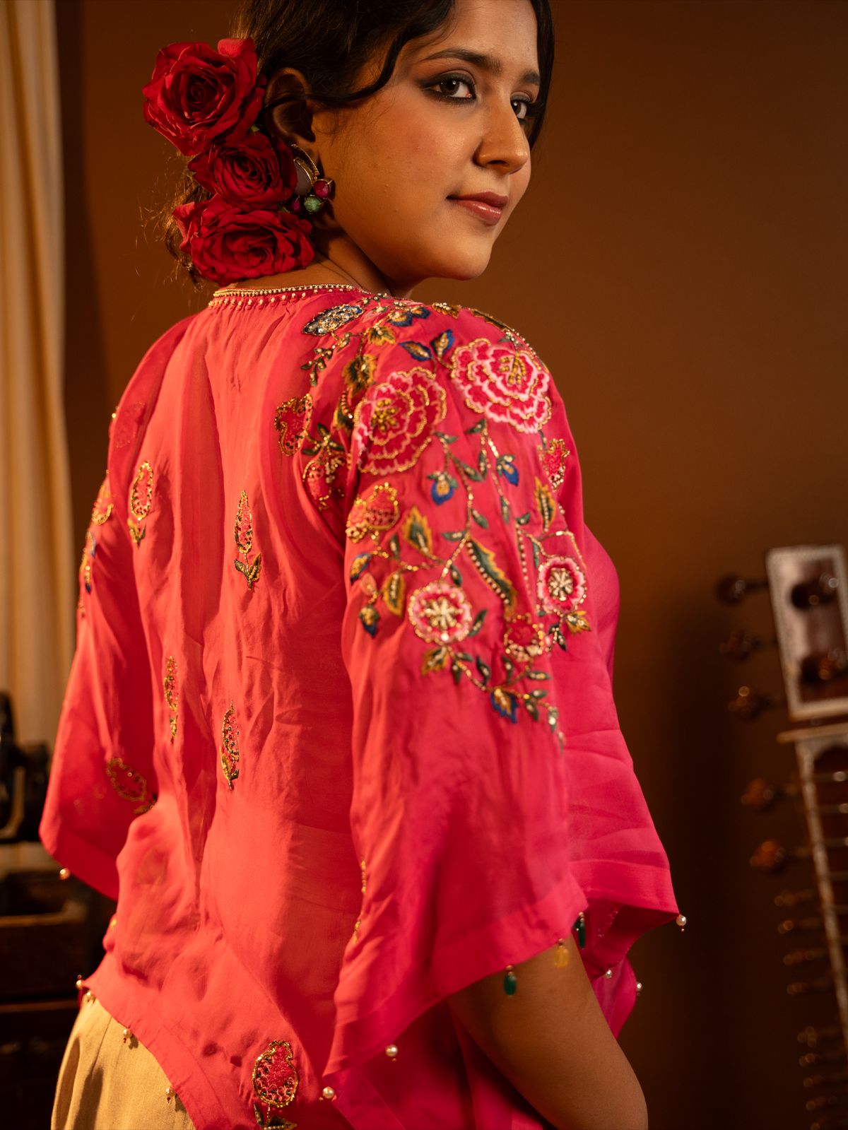 Fuchsia pink cape with drape dhoti set