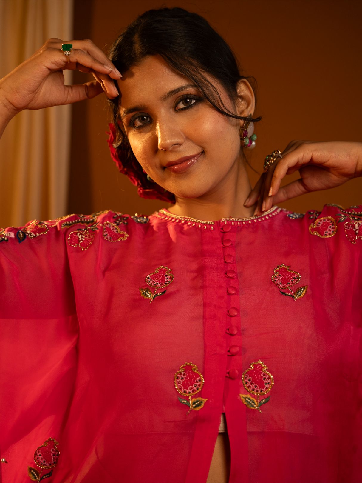 Fuchsia pink cape with drape dhoti set