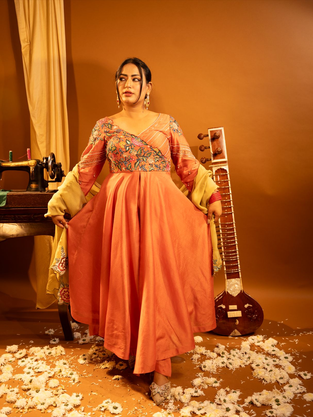Rusty orange anarkali set