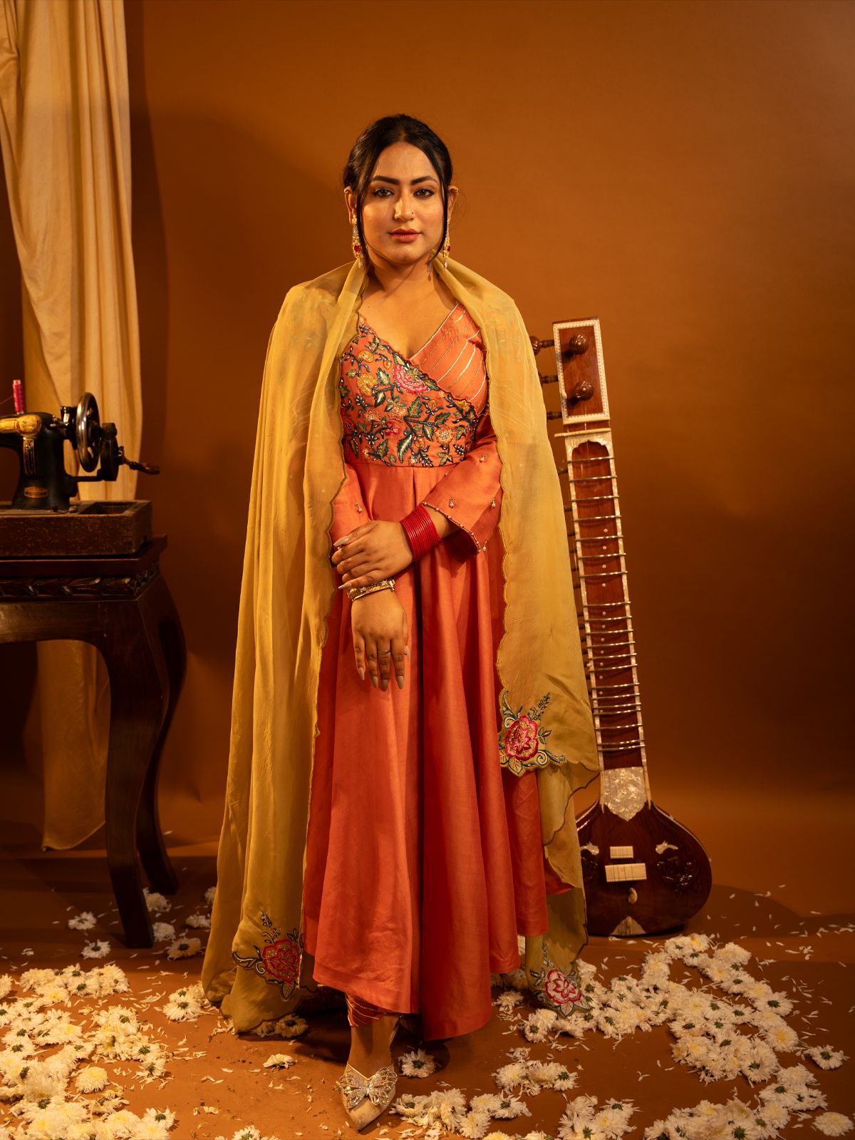 Rusty orange anarkali set