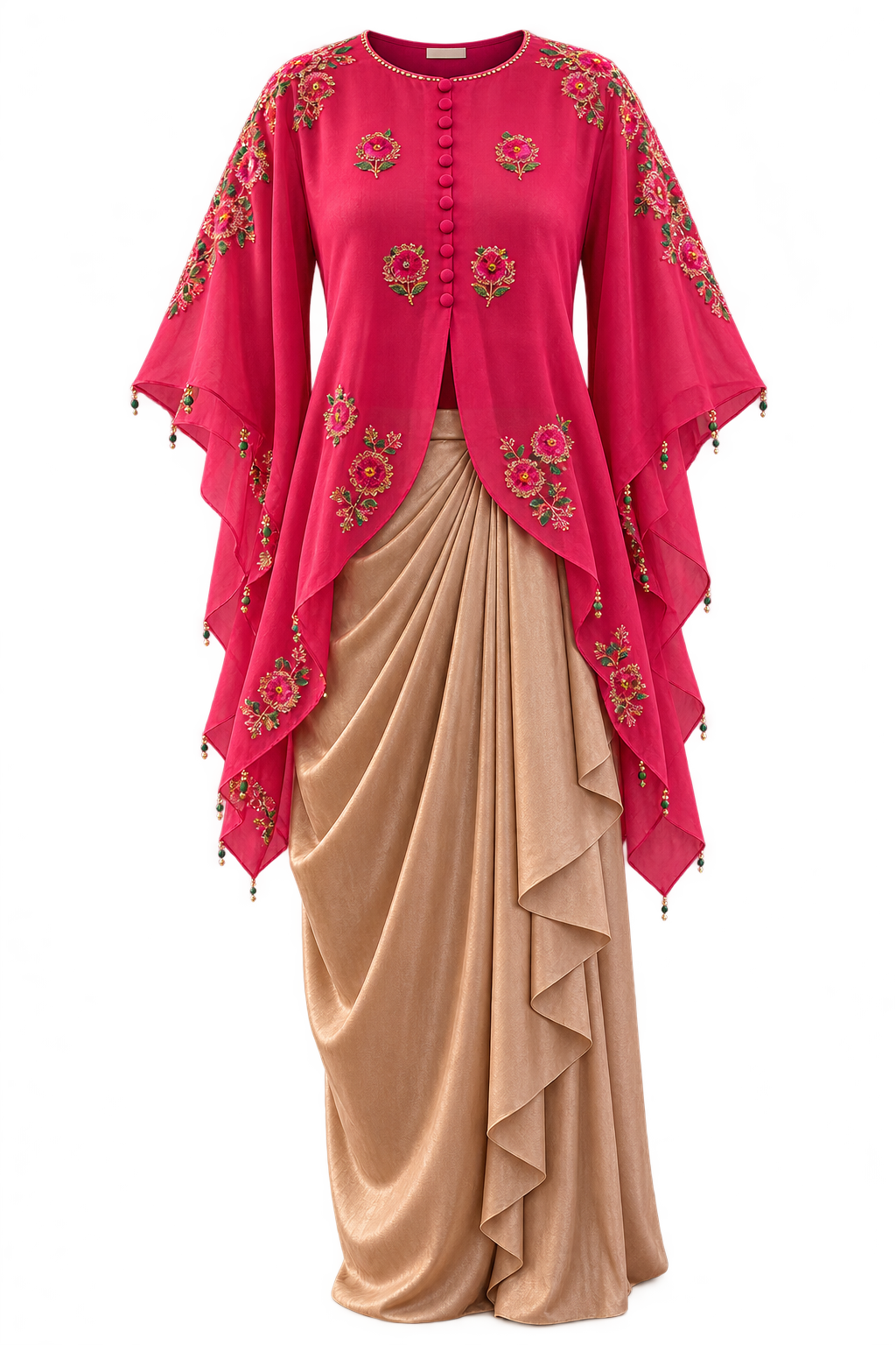 Fuchsia pink cape with drape dhoti set